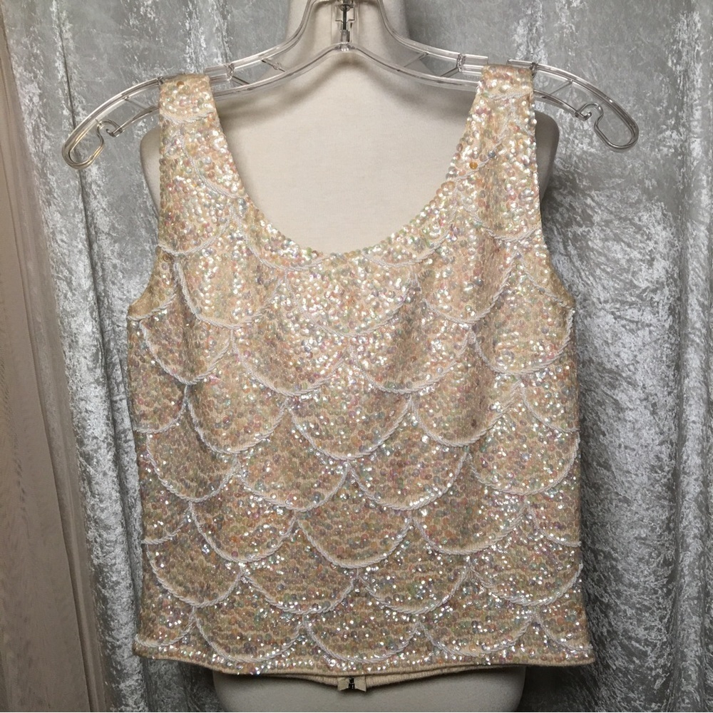 Jo-Ro Imports Beaded Cream wool Tank Top. Zip Back Vintage Size Small 1960s